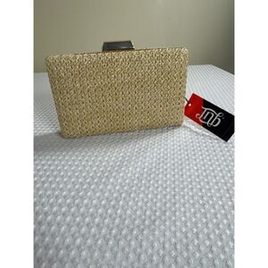 JNB Clutch Women Woven Straw Beige Gold Detachable Chain NWT